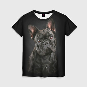 Женская футболка 3D с принтом Французский бульдог в Новосибирске, 100% полиэфир ( синтетическое хлопкоподобное полотно) | прямой крой, круглый вырез горловины, длина до линии бедер | animal | background | beast | black | breed | bulldog | cool | cute | dog | ears | french | jaw | look | muzzle | portrait | wool | бульдог | взгляд | животное | зверь | милый | пёс | порода | портрет | прикольно | псина | собака | уши | фон | фра