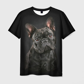 Мужская футболка 3D с принтом Французский бульдог в Новосибирске, 100% полиэфир | прямой крой, круглый вырез горловины, длина до линии бедер | Тематика изображения на принте: animal | background | beast | black | breed | bulldog | cool | cute | dog | ears | french | jaw | look | muzzle | portrait | wool | бульдог | взгляд | животное | зверь | милый | пёс | порода | портрет | прикольно | псина | собака | уши | фон | фра