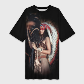 Платье-футболка 3D с принтом Девушка с лошадью в Новосибирске,  |  | american | animal | black | body | color | costume | ethnic | girl | horse | indian | national | nature | race | red | totem | white | woma | белый | девушка | женщина | животное | индейский | индейцы | костюм | краснокожий | красный | лошадь | молодость 
