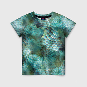Детская футболка 3D с принтом Чешуя русалки в Новосибирске, 100% гипоаллергенный полиэфир | прямой крой, круглый вырез горловины, длина до линии бедер, чуть спущенное плечо, ткань немного тянется | Тематика изображения на принте: blue | color | fish | gray | green | mermaid | neyad | pattern | scales | sea | siren | skin | turquoise | wallpaper | water | бирюзовый | вода | зеленый | кожа | море | неяда | обои | паттерн | русалка | рыба | серый | сирена | цвет | чешуя