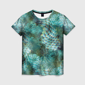 Женская футболка 3D с принтом Чешуя русалки в Новосибирске, 100% полиэфир ( синтетическое хлопкоподобное полотно) | прямой крой, круглый вырез горловины, длина до линии бедер | blue | color | fish | gray | green | mermaid | neyad | pattern | scales | sea | siren | skin | turquoise | wallpaper | water | бирюзовый | вода | зеленый | кожа | море | неяда | обои | паттерн | русалка | рыба | серый | сирена | цвет | чешуя