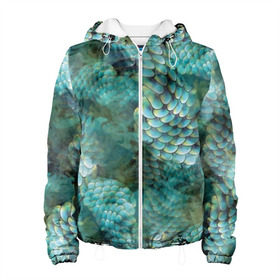 Женская куртка 3D с принтом Чешуя русалки в Новосибирске, ткань верха — 100% полиэстер, подклад — флис | прямой крой, подол и капюшон оформлены резинкой с фиксаторами, два кармана без застежек по бокам, один большой потайной карман на груди. Карман на груди застегивается на липучку | blue | color | fish | gray | green | mermaid | neyad | pattern | scales | sea | siren | skin | turquoise | wallpaper | water | бирюзовый | вода | зеленый | кожа | море | неяда | обои | паттерн | русалка | рыба | серый | сирена | цвет | чешуя
