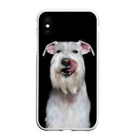 Чехол для iPhone XS Max матовый с принтом Белый шнауцер в Новосибирске, Силикон | Область печати: задняя сторона чехла, без боковых панелей | animal | background | beast | black | breed | cool | cute | dog | ears | fangs | jaw | look | muzzle | portrait | tongue | white | wool | белый | взгляд | животное | зверь | клыки | милый | пёс | порода | портрет | прикольно | псина | собака | уши