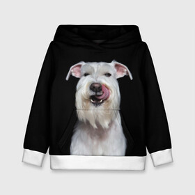 Детская толстовка 3D с принтом Белый шнауцер в Новосибирске, 100% полиэстер | двухслойный капюшон со шнурком для регулировки, мягкие манжеты на рукавах и по низу толстовки, спереди карман-кенгуру с мягким внутренним слоем | animal | background | beast | black | breed | cool | cute | dog | ears | fangs | jaw | look | muzzle | portrait | tongue | white | wool | белый | взгляд | животное | зверь | клыки | милый | пёс | порода | портрет | прикольно | псина | собака | уши