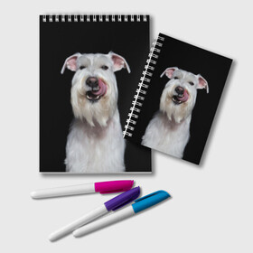 Блокнот с принтом Белый шнауцер в Новосибирске, 100% бумага | 48 листов, плотность листов — 60 г/м2, плотность картонной обложки — 250 г/м2. Листы скреплены удобной пружинной спиралью. Цвет линий — светло-серый
 | animal | background | beast | black | breed | cool | cute | dog | ears | fangs | jaw | look | muzzle | portrait | tongue | white | wool | белый | взгляд | животное | зверь | клыки | милый | пёс | порода | портрет | прикольно | псина | собака | уши