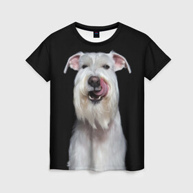 Женская футболка 3D с принтом Белый шнауцер в Новосибирске, 100% полиэфир ( синтетическое хлопкоподобное полотно) | прямой крой, круглый вырез горловины, длина до линии бедер | animal | background | beast | black | breed | cool | cute | dog | ears | fangs | jaw | look | muzzle | portrait | tongue | white | wool | белый | взгляд | животное | зверь | клыки | милый | пёс | порода | портрет | прикольно | псина | собака | уши