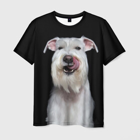 Мужская футболка 3D с принтом Белый шнауцер в Новосибирске, 100% полиэфир | прямой крой, круглый вырез горловины, длина до линии бедер | animal | background | beast | black | breed | cool | cute | dog | ears | fangs | jaw | look | muzzle | portrait | tongue | white | wool | белый | взгляд | животное | зверь | клыки | милый | пёс | порода | портрет | прикольно | псина | собака | уши