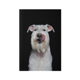 Обложка для паспорта матовая кожа с принтом Белый шнауцер в Новосибирске, натуральная матовая кожа | размер 19,3 х 13,7 см; прозрачные пластиковые крепления | animal | background | beast | black | breed | cool | cute | dog | ears | fangs | jaw | look | muzzle | portrait | tongue | white | wool | белый | взгляд | животное | зверь | клыки | милый | пёс | порода | портрет | прикольно | псина | собака | уши