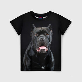 Детская футболка 3D с принтом Черный кан - корсо в Новосибирске, 100% гипоаллергенный полиэфир | прямой крой, круглый вырез горловины, длина до линии бедер, чуть спущенное плечо, ткань немного тянется | animal | background | beast | black | breed | can   corso | cool | cute | dog | ears | fangs | jaw | look | muzzle | portrait | tongue | wool | взгляд | животное | зверь | кан   корсо | клыки | милый | пёс | порода | портрет | прикольно | псина | 
