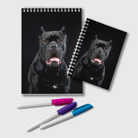 Блокнот с принтом Черный кан - корсо в Новосибирске, 100% бумага | 48 листов, плотность листов — 60 г/м2, плотность картонной обложки — 250 г/м2. Листы скреплены удобной пружинной спиралью. Цвет линий — светло-серый
 | animal | background | beast | black | breed | can   corso | cool | cute | dog | ears | fangs | jaw | look | muzzle | portrait | tongue | wool | взгляд | животное | зверь | кан   корсо | клыки | милый | пёс | порода | портрет | прикольно | псина | 