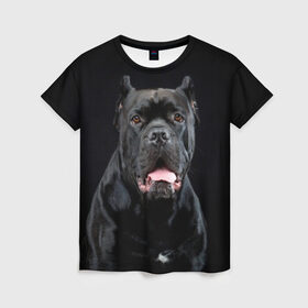 Женская футболка 3D с принтом Черный кан - корсо в Новосибирске, 100% полиэфир ( синтетическое хлопкоподобное полотно) | прямой крой, круглый вырез горловины, длина до линии бедер | animal | background | beast | black | breed | can   corso | cool | cute | dog | ears | fangs | jaw | look | muzzle | portrait | tongue | wool | взгляд | животное | зверь | кан   корсо | клыки | милый | пёс | порода | портрет | прикольно | псина | 