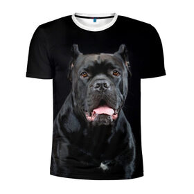 Мужская футболка 3D спортивная с принтом Черный кан - корсо в Новосибирске, 100% полиэстер с улучшенными характеристиками | приталенный силуэт, круглая горловина, широкие плечи, сужается к линии бедра | animal | background | beast | black | breed | can   corso | cool | cute | dog | ears | fangs | jaw | look | muzzle | portrait | tongue | wool | взгляд | животное | зверь | кан   корсо | клыки | милый | пёс | порода | портрет | прикольно | псина | 