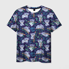Мужская футболка 3D с принтом Фиолетовые коалы в Новосибирске, 100% полиэфир | прямой крой, круглый вырез горловины, длина до линии бедер | animal | australia | baby | bear | blue | color | cute | exotic | green | illustration | koala | pattern | purple | vector | young | австралия | вектор | ветка | детеныш | животное | зеленый | иллюстрация | коала | листья | малыш | медведь | мил