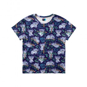 Детская футболка 3D с принтом Фиолетовые коалы в Новосибирске, 100% гипоаллергенный полиэфир | прямой крой, круглый вырез горловины, длина до линии бедер, чуть спущенное плечо, ткань немного тянется | animal | australia | baby | bear | blue | color | cute | exotic | green | illustration | koala | pattern | purple | vector | young | австралия | вектор | ветка | детеныш | животное | зеленый | иллюстрация | коала | листья | малыш | медведь | мил