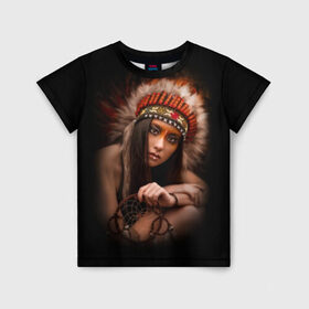 Детская футболка 3D с принтом Индейская девушка в Новосибирске, 100% гипоаллергенный полиэфир | прямой крой, круглый вырез горловины, длина до линии бедер, чуть спущенное плечо, ткань немного тянется | american | beauty | body | costume | dark | ethnic | face | girl | hair | look | national | nature | race | shaman | взгляд | волосы | девушка | женщина | индейский | индейцы | кор | костюм | краснокожий | красный | красота | лицо | ловец снов | макияж | 