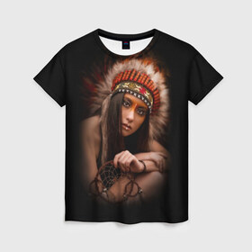 Женская футболка 3D с принтом Индейская девушка в Новосибирске, 100% полиэфир ( синтетическое хлопкоподобное полотно) | прямой крой, круглый вырез горловины, длина до линии бедер | american | beauty | body | costume | dark | ethnic | face | girl | hair | look | national | nature | race | shaman | взгляд | волосы | девушка | женщина | индейский | индейцы | кор | костюм | краснокожий | красный | красота | лицо | ловец снов | макияж | 
