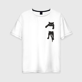 Женская футболка хлопок Oversize с принтом Кися в кармане в Новосибирске, 100% хлопок | свободный крой, круглый ворот, спущенный рукав, длина до линии бедер
 | Тематика изображения на принте: cat | арт | животные | карман | кися | кот | кот в кармане | котенок | коты | кошка