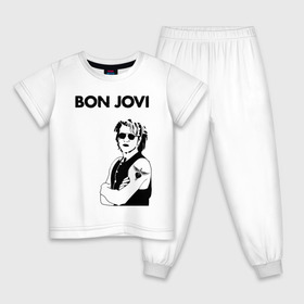 Детская пижама хлопок с принтом Bon Jovi в Новосибирске, 100% хлопок |  брюки и футболка прямого кроя, без карманов, на брюках мягкая резинка на поясе и по низу штанин
 | Тематика изображения на принте: bon jovi | альбом | арена | бон | бон джови | глэм | группа | джови | джон | метал | музыка | надпись | песни | поп | попрок | рок | рокер | смайл | солист | софт | стена | хард | хеви | хевиметал