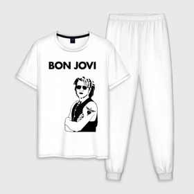 Мужская пижама хлопок с принтом Bon Jovi в Новосибирске, 100% хлопок | брюки и футболка прямого кроя, без карманов, на брюках мягкая резинка на поясе и по низу штанин
 | bon jovi | альбом | арена | бон | бон джови | глэм | группа | джови | джон | метал | музыка | надпись | песни | поп | попрок | рок | рокер | смайл | солист | софт | стена | хард | хеви | хевиметал