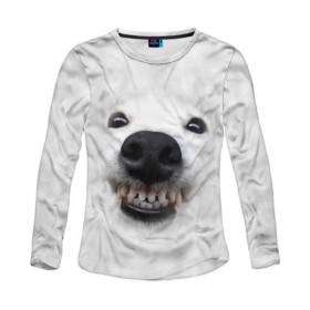 Женский лонгслив 3D с принтом Собака - улыбака в Новосибирске, 100% полиэстер | длинные рукава, круглый вырез горловины, полуприлегающий силуэт | животные | зубы | мордочка | пес | прикол | смешная | собака | улыбака | улыбка | щенок | юмор