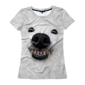 Женская футболка 3D с принтом Собака - улыбака в Новосибирске, 100% полиэфир ( синтетическое хлопкоподобное полотно) | прямой крой, круглый вырез горловины, длина до линии бедер | животные | зубы | мордочка | пес | прикол | смешная | собака | улыбака | улыбка | щенок | юмор