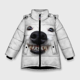 Зимняя куртка для девочек 3D с принтом Собака - улыбака в Новосибирске, ткань верха — 100% полиэстер; подклад — 100% полиэстер, утеплитель — 100% полиэстер. | длина ниже бедра, удлиненная спинка, воротник стойка и отстегивающийся капюшон. Есть боковые карманы с листочкой на кнопках, утяжки по низу изделия и внутренний карман на молнии. 

Предусмотрены светоотражающий принт на спинке, радужный светоотражающий элемент на пуллере молнии и на резинке для утяжки. | животные | зубы | мордочка | пес | прикол | смешная | собака | улыбака | улыбка | щенок | юмор
