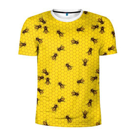 Мужская футболка 3D спортивная с принтом Пчелы в сотах в Новосибирске, 100% полиэстер с улучшенными характеристиками | приталенный силуэт, круглая горловина, широкие плечи, сужается к линии бедра | bee | beehive | brown | bug | honey | honeycomb | insect | toiler | yellow | букашка | желтый | коричневый | мёд | насекомое | пчела | соты | труженик | улей