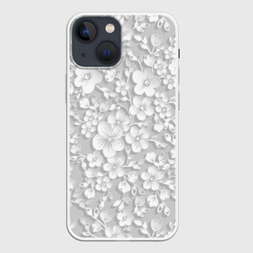 Чехол для iPhone 13 mini с принтом Белые цветы в Новосибирске,  |  | bud | cute | flora | flower | gently | gray | leaves | petal | plants | tenderness | white | белый | бутон | лепесток | листья | мило | нежно | нежность | растений | серый | флора | цветок