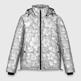 Мужская зимняя куртка 3D с принтом Белые цветы в Новосибирске, верх — 100% полиэстер; подкладка — 100% полиэстер; утеплитель — 100% полиэстер | длина ниже бедра, свободный силуэт Оверсайз. Есть воротник-стойка, отстегивающийся капюшон и ветрозащитная планка. 

Боковые карманы с листочкой на кнопках и внутренний карман на молнии. | bud | cute | flora | flower | gently | gray | leaves | petal | plants | tenderness | white | белый | бутон | лепесток | листья | мило | нежно | нежность | растений | серый | флора | цветок