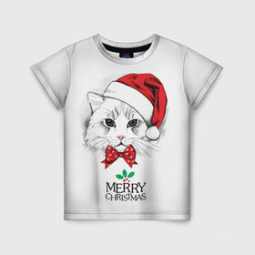 Детская футболка 3D с принтом Рождественский котик в Новосибирске, 100% гипоаллергенный полиэфир | прямой крой, круглый вырез горловины, длина до линии бедер, чуть спущенное плечо, ткань немного тянется | Тематика изображения на принте: 
