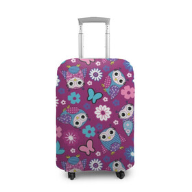 Чехол для чемодана 3D с принтом Милые совы в Новосибирске, 86% полиэфир, 14% спандекс | двустороннее нанесение принта, прорези для ручек и колес | бабочка | белый | лиловый | мило | пернатые | прикольно | птица | розовый | синий | сова | совушка | цветок