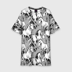 Детское платье 3D с принтом Белые лошади в Новосибирске, 100% полиэстер | прямой силуэт, чуть расширенный к низу. Круглая горловина, на рукавах — воланы | animal | black | cool | gray | hooves | horse | illustration | mane | mustang | muzzle | running | speed | tail | white | бег | белый | грива | животное | иллюстрация | копыта | лошадь | мустанг | прикольно | серый | скорость | хвост | черный