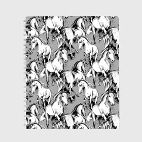 Тетрадь с принтом Белые лошади в Новосибирске, 100% бумага | 48 листов, плотность листов — 60 г/м2, плотность картонной обложки — 250 г/м2. Листы скреплены сбоку удобной пружинной спиралью. Уголки страниц и обложки скругленные. Цвет линий — светло-серый
 | Тематика изображения на принте: animal | black | cool | gray | hooves | horse | illustration | mane | mustang | muzzle | running | speed | tail | white | бег | белый | грива | животное | иллюстрация | копыта | лошадь | мустанг | прикольно | серый | скорость | хвост | черный