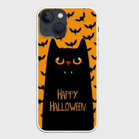 Чехол для iPhone 13 mini с принтом Happy Halloween в Новосибирске,  |  | autumn | bat | black | cat | eyes | fangs | halloween | holiday | horror | horrors | mouse | yellow | глаза | желтый | жуть | клыки | кот | летучая | мышь | осень | праздник | ужасы | хэллоуин | черный