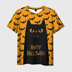 Мужская футболка 3D с принтом Happy Halloween в Новосибирске, 100% полиэфир | прямой крой, круглый вырез горловины, длина до линии бедер | autumn | bat | black | cat | eyes | fangs | halloween | holiday | horror | horrors | mouse | yellow | глаза | желтый | жуть | клыки | кот | летучая | мышь | осень | праздник | ужасы | хэллоуин | черный