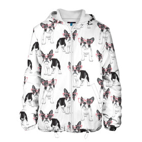Мужская куртка 3D с принтом Французские бульдоги в очках в Новосибирске, ткань верха — 100% полиэстер, подклад — флис | прямой крой, подол и капюшон оформлены резинкой с фиксаторами, два кармана без застежек по бокам, один большой потайной карман на груди. Карман на груди застегивается на липучку | black | breed | cool | cute | dog | french bulldog | pink | puppy | white | белый | мило | очки | пёс | порода | прикольный | псина | розовый | собака | французский бульдог | черный | щенок