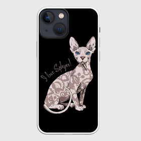Чехол для iPhone 13 mini с принтом I Love Sphynx в Новосибирске,  |  | Тематика изображения на принте: breed | cat | eyes | kitty | look | muzzle | paws | sphinx | tail | взгляд | глаза | киса | котик | котэ | кошка | лапы | любовь | порода | сфинкс | хвост