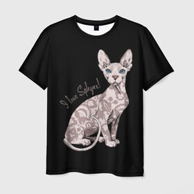 Мужская футболка 3D с принтом I Love Sphynx! в Новосибирске, 100% полиэфир | прямой крой, круглый вырез горловины, длина до линии бедер | Тематика изображения на принте: breed | cat | eyes | kitty | look | muzzle | paws | sphinx | tail | взгляд | глаза | киса | котик | котэ | кошка | лапы | любовь | порода | сфинкс | хвост