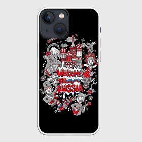 Чехол для iPhone 13 mini с принтом Welcome to Russia в Новосибирске,  |  | balalaika | bear | black | blue | flag | girl | kremlin | matryoshka | moscow | red | russia | text | white | балалайка | белый | гармонь | девушка | добро | кокошник | красная площадь | красный | кремль | мегаполис | медведь | москва | пожалова