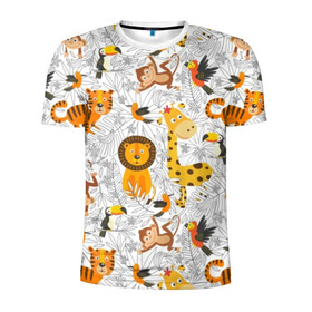 Мужская футболка 3D спортивная с принтом Тропические животные в Новосибирске, 100% полиэстер с улучшенными характеристиками | приталенный силуэт, круглая горловина, широкие плечи, сужается к линии бедра | bananas | bird | brown | fauna | flora | giraffe | jungle | monkey | nature | parrot | red | tiger | tropics | white | wild | yellow | бананы | белый | джунгли | дикая | желтый | жираф | коричневый | красный | обезьяна | попугай | природа | птица | тигр |