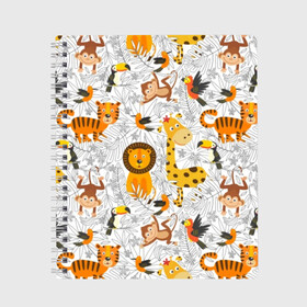 Тетрадь с принтом Тропические животные в Новосибирске, 100% бумага | 48 листов, плотность листов — 60 г/м2, плотность картонной обложки — 250 г/м2. Листы скреплены сбоку удобной пружинной спиралью. Уголки страниц и обложки скругленные. Цвет линий — светло-серый
 | bananas | bird | brown | fauna | flora | giraffe | jungle | monkey | nature | parrot | red | tiger | tropics | white | wild | yellow | бананы | белый | джунгли | дикая | желтый | жираф | коричневый | красный | обезьяна | попугай | природа | птица | тигр |