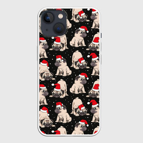 Чехол для iPhone 13 с принтом Новогодние мопсы в Новосибирске,  |  | black | christmas | cute | dog | funny | hat | new year | pug | puppy | red | snow | white | winter | белый | зима | красный | мило | мопс | новогодний | новый год | пёс | прикольно | рождество | снег | собака | собакен | чёрный | шапка | щенок