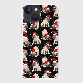 Чехол для iPhone 13 mini с принтом Новогодние мопсы в Новосибирске,  |  | black | christmas | cute | dog | funny | hat | new year | pug | puppy | red | snow | white | winter | белый | зима | красный | мило | мопс | новогодний | новый год | пёс | прикольно | рождество | снег | собака | собакен | чёрный | шапка | щенок