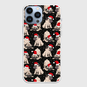 Чехол для iPhone 13 Pro Max с принтом Новогодние мопсы в Новосибирске,  |  | black | christmas | cute | dog | funny | hat | new year | pug | puppy | red | snow | white | winter | белый | зима | красный | мило | мопс | новогодний | новый год | пёс | прикольно | рождество | снег | собака | собакен | чёрный | шапка | щенок