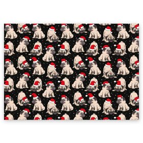 Поздравительная открытка с принтом Новогодние мопсы в Новосибирске, 100% бумага | плотность бумаги 280 г/м2, матовая, на обратной стороне линовка и место для марки
 | black | christmas | cute | dog | funny | hat | new year | pug | puppy | red | snow | white | winter | белый | зима | красный | мило | мопс | новогодний | новый год | пёс | прикольно | рождество | снег | собака | собакен | чёрный | шапка | щенок