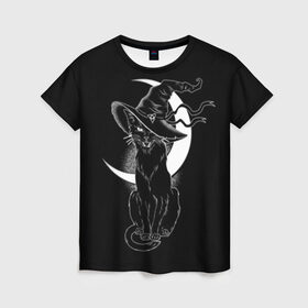 Женская футболка 3D с принтом Кошка колдунья в Новосибирске, 100% полиэфир ( синтетическое хлопкоподобное полотно) | прямой крой, круглый вырез горловины, длина до линии бедер | Тематика изображения на принте: black | cat | cl | crescent | fangs | halloween | hat | holiday | hunter | kitty | magic | month | moon | mystic | night | predator | white | witch | белый | ведьма | киса | клыки | когти | колдовство | кот | котэ | кошка | луна | магия | месяц | мистика 