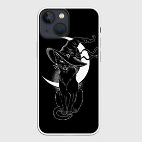 Чехол для iPhone 13 mini с принтом Кошка колдунья в Новосибирске,  |  | black | cat | cl | crescent | fangs | halloween | hat | holiday | hunter | kitty | magic | month | moon | mystic | night | predator | white | witch | белый | ведьма | киса | клыки | когти | колдовство | кот | котэ | кошка | луна | магия | месяц | мистика 