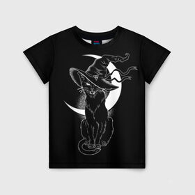 Детская футболка 3D с принтом Кошка колдунья в Новосибирске, 100% гипоаллергенный полиэфир | прямой крой, круглый вырез горловины, длина до линии бедер, чуть спущенное плечо, ткань немного тянется | black | cat | cl | crescent | fangs | halloween | hat | holiday | hunter | kitty | magic | month | moon | mystic | night | predator | white | witch | белый | ведьма | киса | клыки | когти | колдовство | кот | котэ | кошка | луна | магия | месяц | мистика 