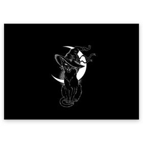 Поздравительная открытка с принтом Кошка колдунья в Новосибирске, 100% бумага | плотность бумаги 280 г/м2, матовая, на обратной стороне линовка и место для марки
 | Тематика изображения на принте: black | cat | cl | crescent | fangs | halloween | hat | holiday | hunter | kitty | magic | month | moon | mystic | night | predator | white | witch | белый | ведьма | киса | клыки | когти | колдовство | кот | котэ | кошка | луна | магия | месяц | мистика 
