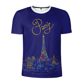 Мужская футболка 3D спортивная с принтом Париж в Новосибирске, 100% полиэстер с улучшенными характеристиками | приталенный силуэт, круглая горловина, широкие плечи, сужается к линии бедра | blue | drawing | eiffel tower | france | paris | romance | yellow | желтый | париж | рисунок | романтика | синий | франция | эйфелева башня